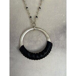 1946 brushed silver tone Black leather Cord Pendant chain necklace Silver Black